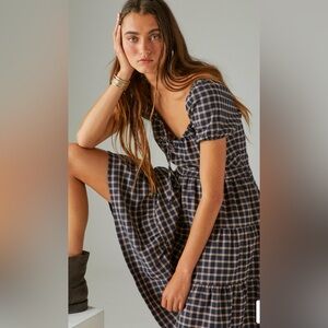 Lucky Brand Short Sleeve Plaid Dress, Blue Multicolored, Large